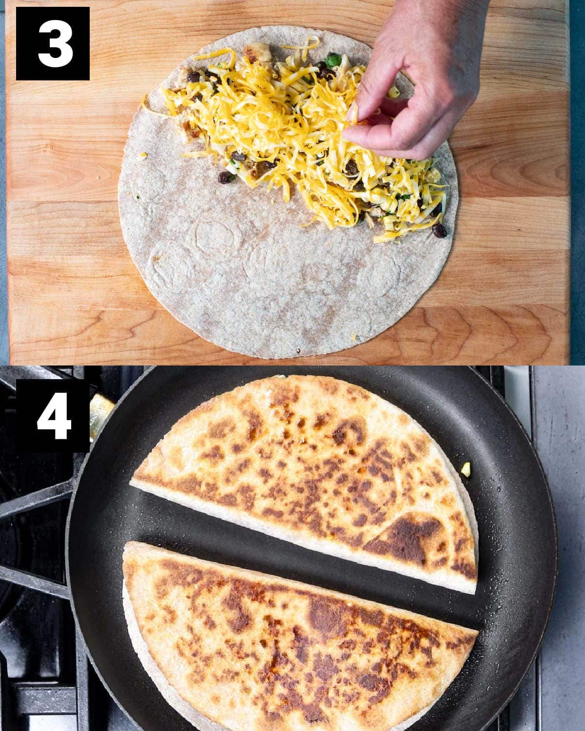 add the chicken and sprinkle cheese to the quesadilla before cooking it