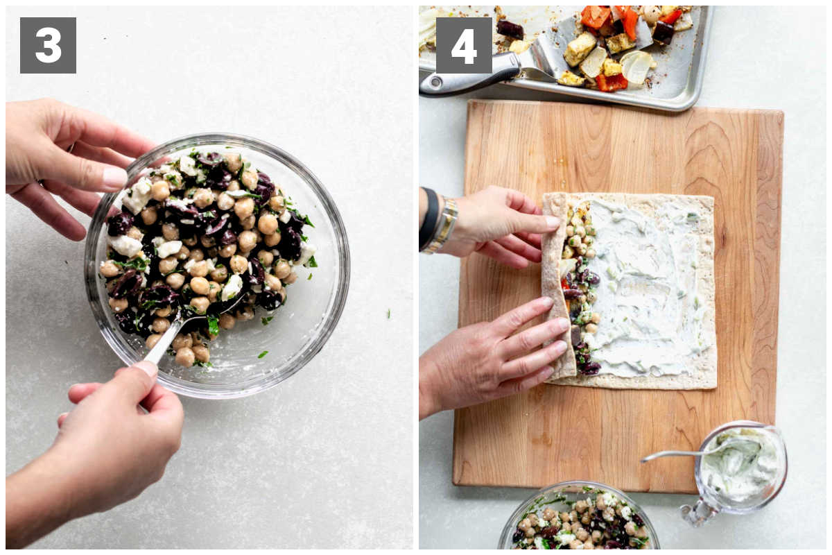 collage of two photos: on the left stirring the chickpeas, olive salad together and on the right assembling the lavash wraps
