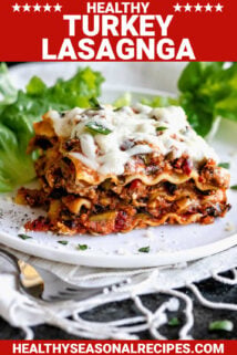 a slice of lasagna on a plate with escarole with text overlay