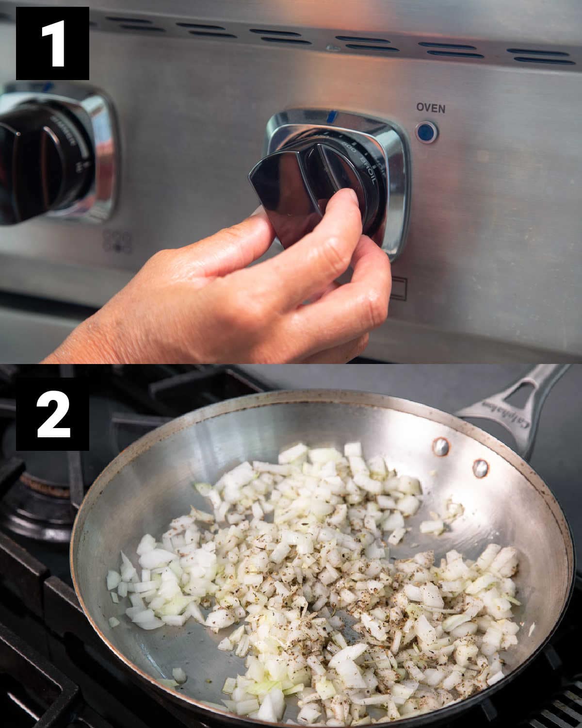 preheating the oven and sauteeing the onions