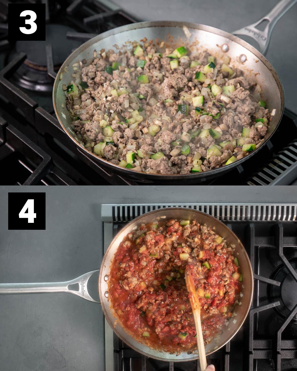 collage showing two steps: browning the turkey, stir in tomato sauce