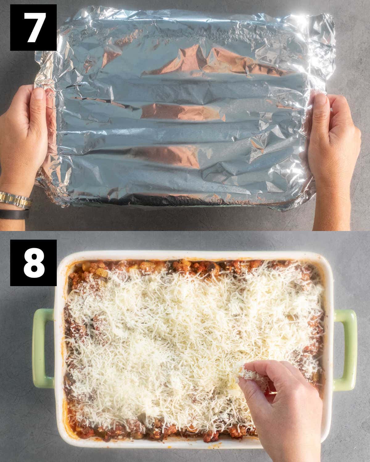 two steps in a collage: the casserole dish covered with foil and putting cheese on top of the baked lasagna for the final step