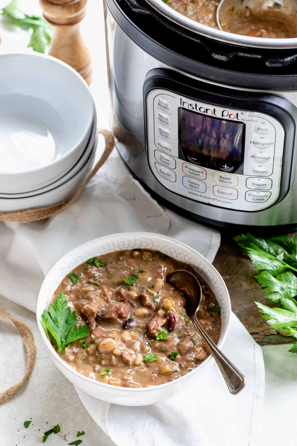 instant pot ham and bean soup in a bowl