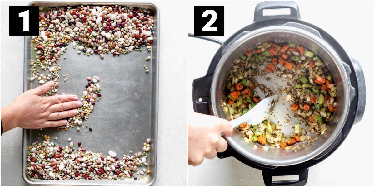 sort through the beans and saute the vegetables
