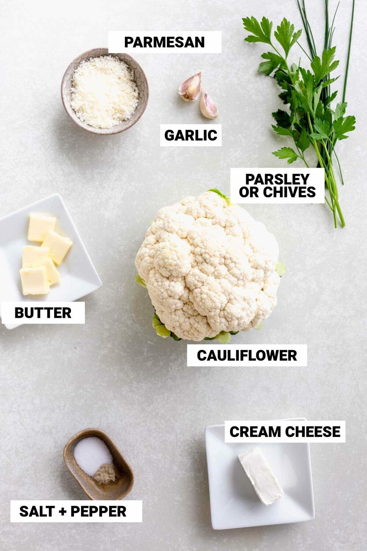 the ingredients for mashed cauliflower with text overlay