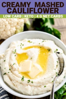 cauliflower mash in a white bowl with text overlay
