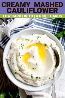 cauliflower mash in a white bowl with text overlay