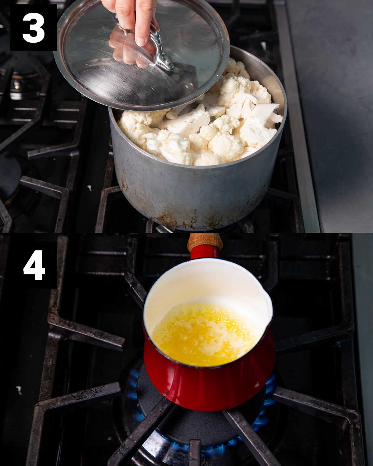 steaming the cauliflower and cooking the garlic in butter