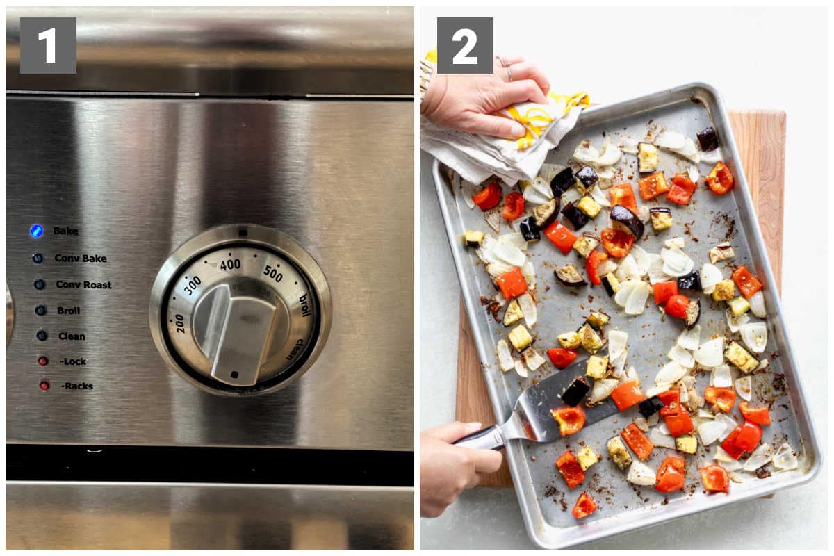 Collage of two pics on left preheating the oven and on right the sheet pan of roasted veggies
