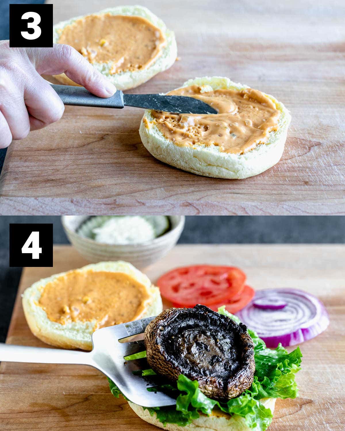 smear burger sauce on the buns before adding the mushroom and toppings