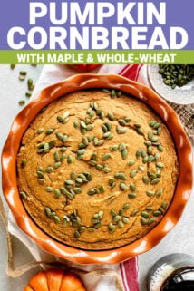 overhead of the pie plate with the cornbread in it with text overlay