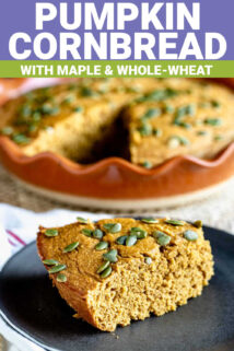 pumpkin cornbread wedge with pepitas on top