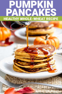 stack of pumpkin pancakes with maple syrup with text overlay