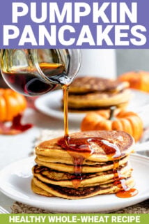 stack of pumpkin pancakes with maple syrup with text overlay