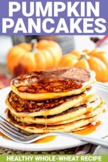 stack of pumpkin pancakes with maple syrup with text overlay