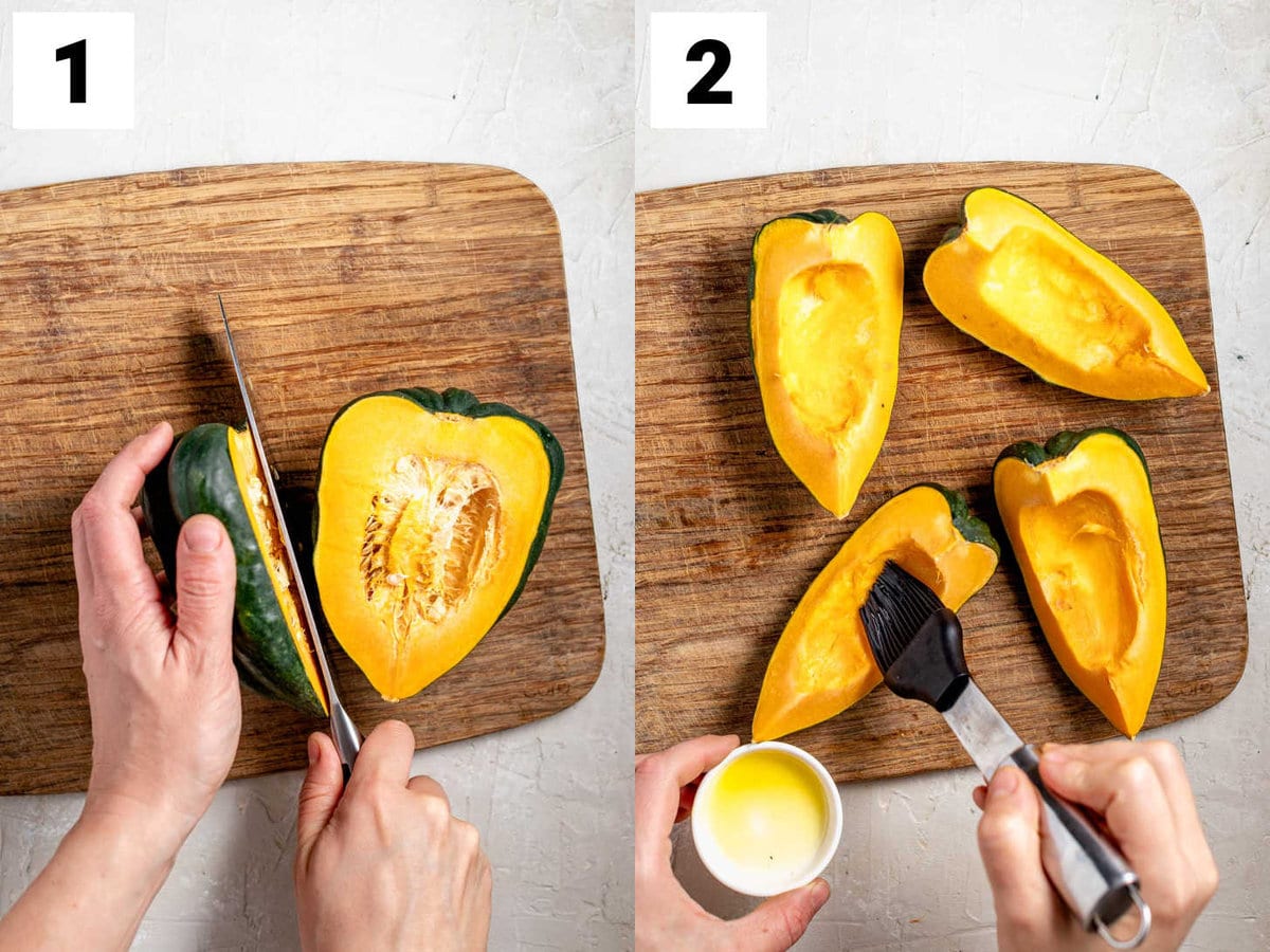 cutting the acorn squash into quarters and brushing it with olive oil