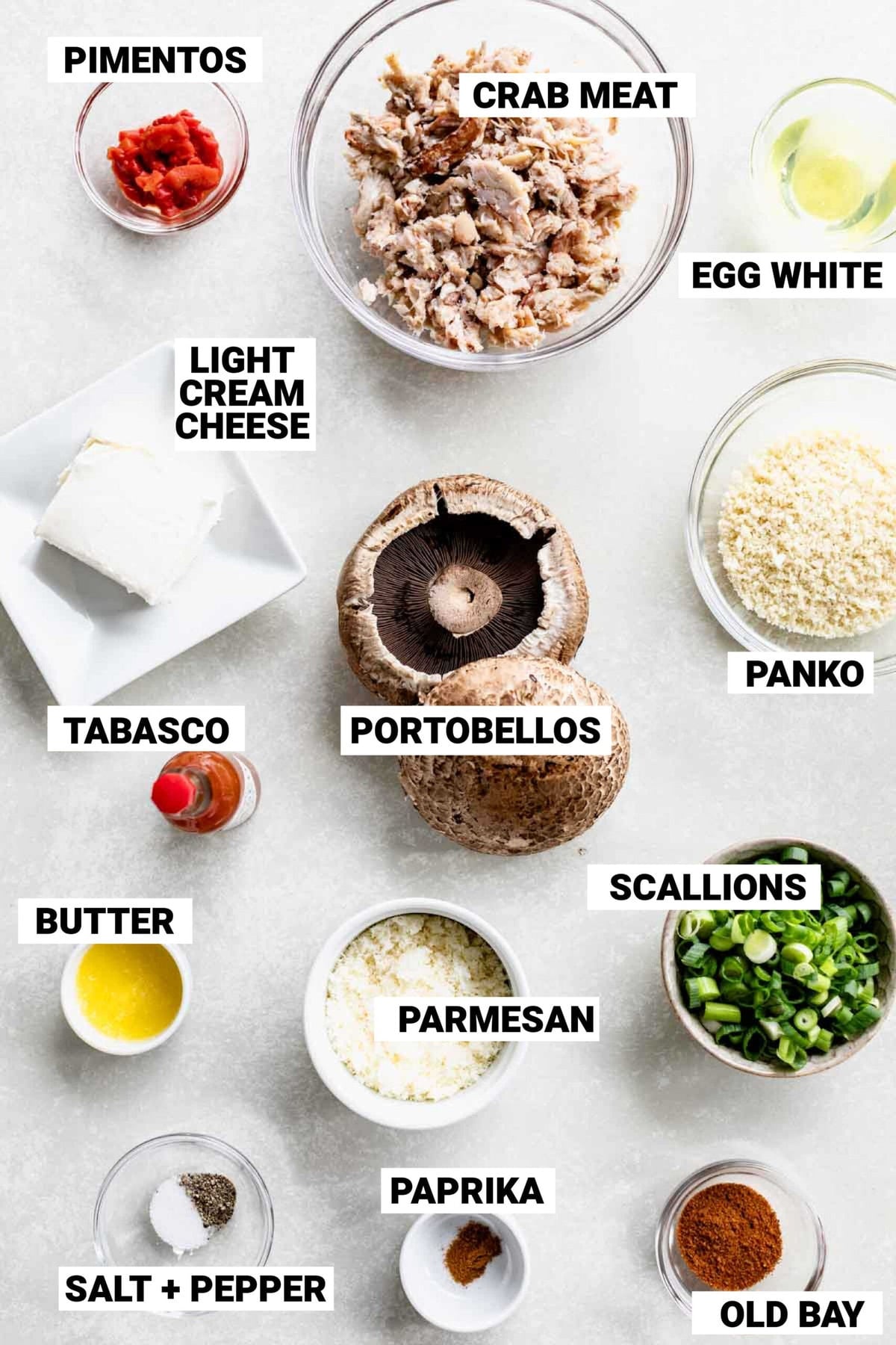 crab meat, pimentos, panko, portobello mushrooms, cream cheese, and more ingredients to make stuffed portobellos