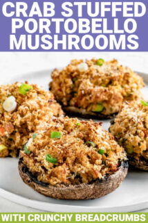 portobello mushrooms stuffed with crab filling and topped with crunchy breadcrumbs