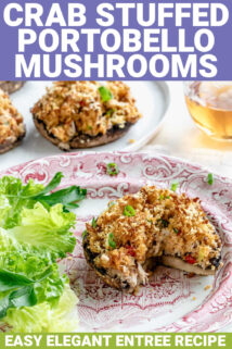 crab stuffed portobello mushroom on a plate with a bit taken out of it