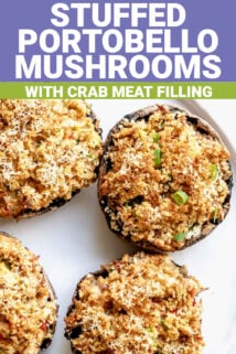 crab stuffed portobello mushrooms topped with a crunchy breadcrumb topping