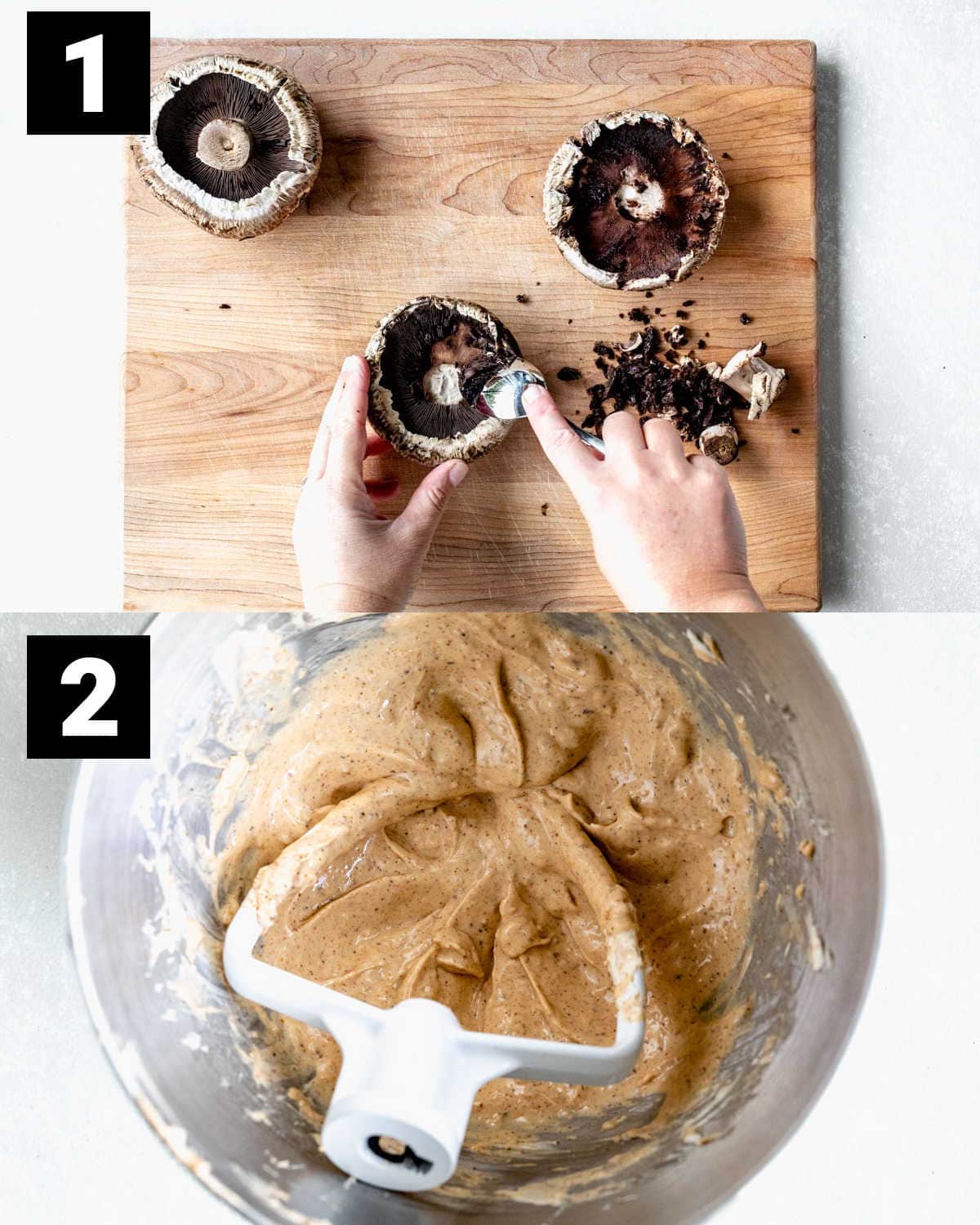 scrape gills out of mushrooms and mix together the cream cheese filling