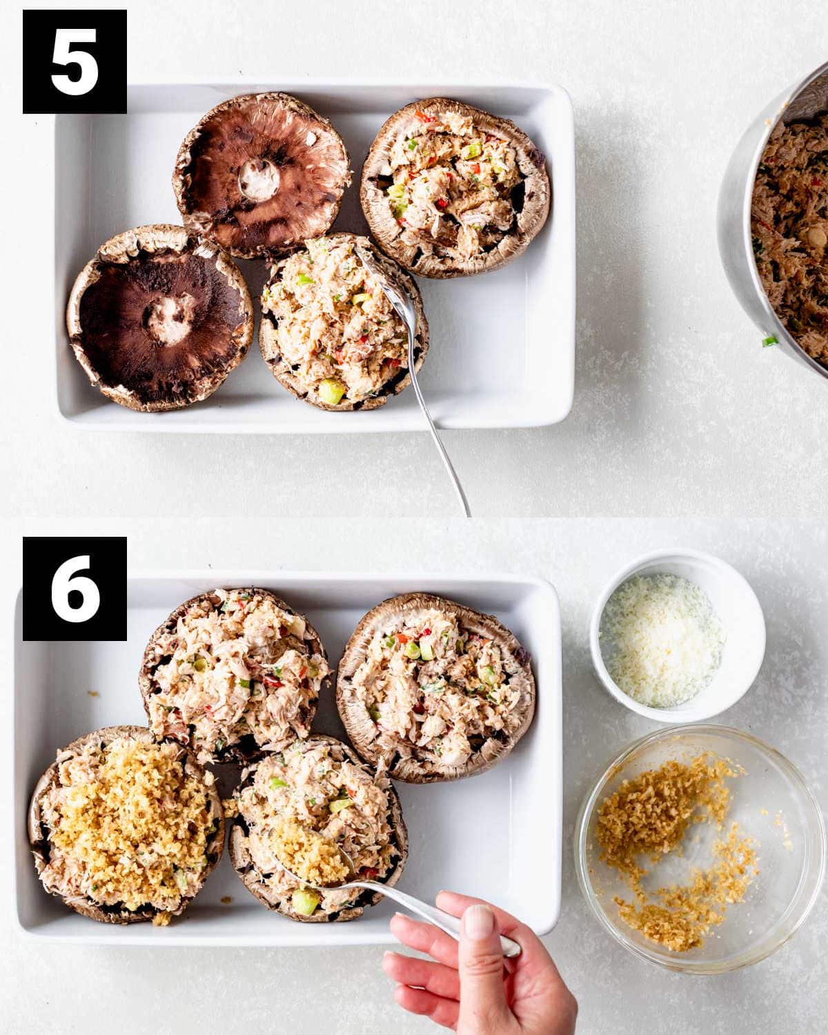 fill the mushroom caps with the crab and cream cheese filling and then sprinkle panko mixture on top