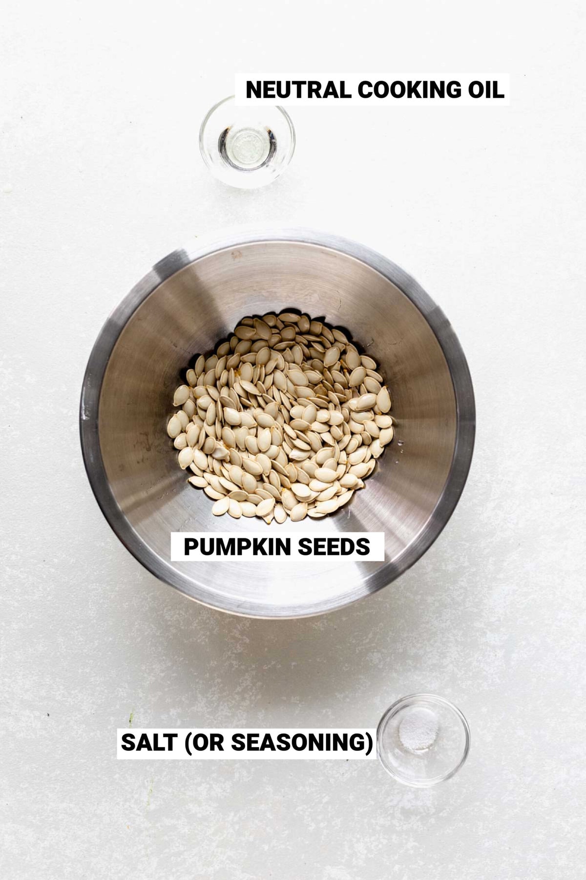 the ingredients in bowls on a white table with text labels overlay
