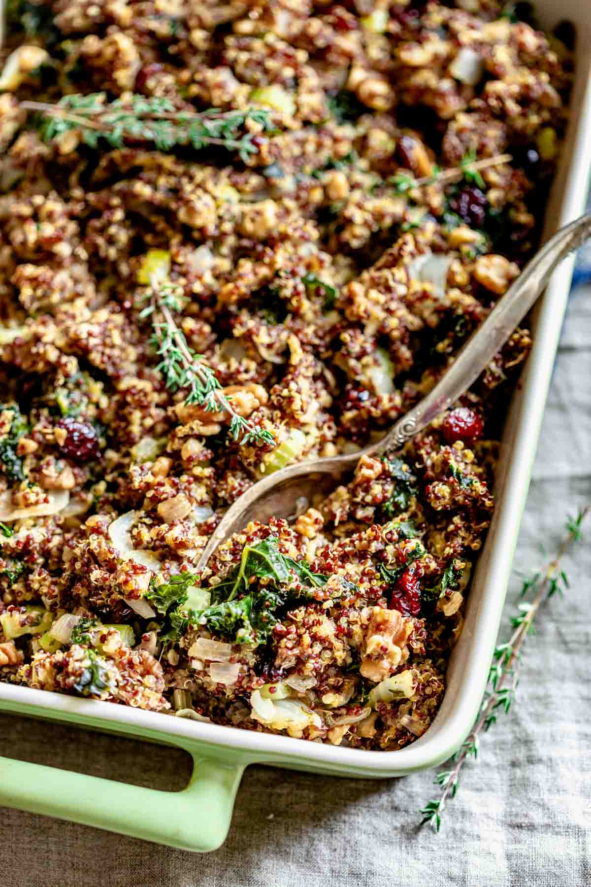 close up of the stuffing with a spoon in it