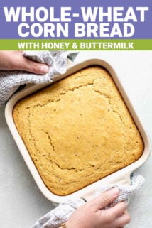 cornbread in pan with text overlay
