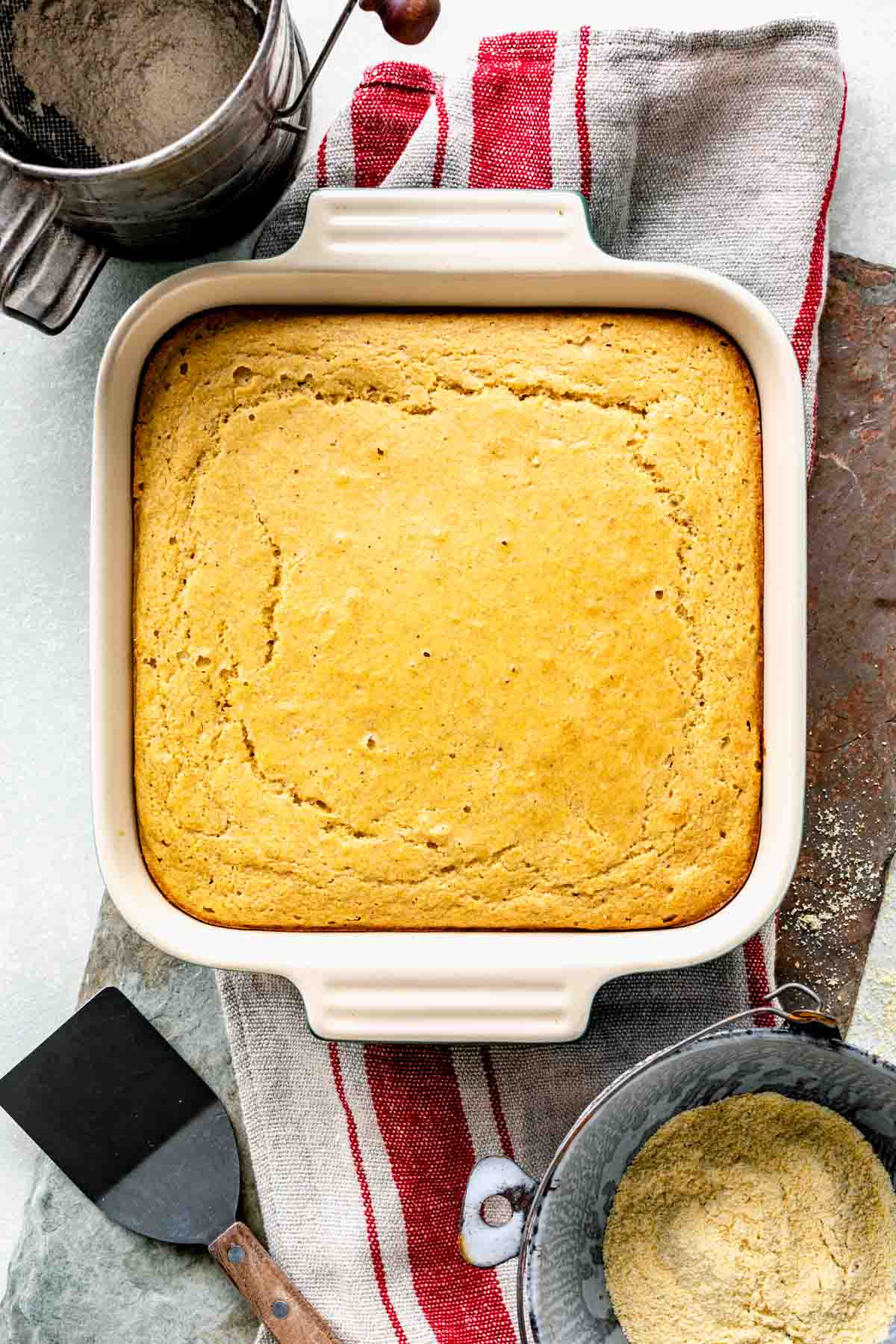 baked cornbread in the baking dish