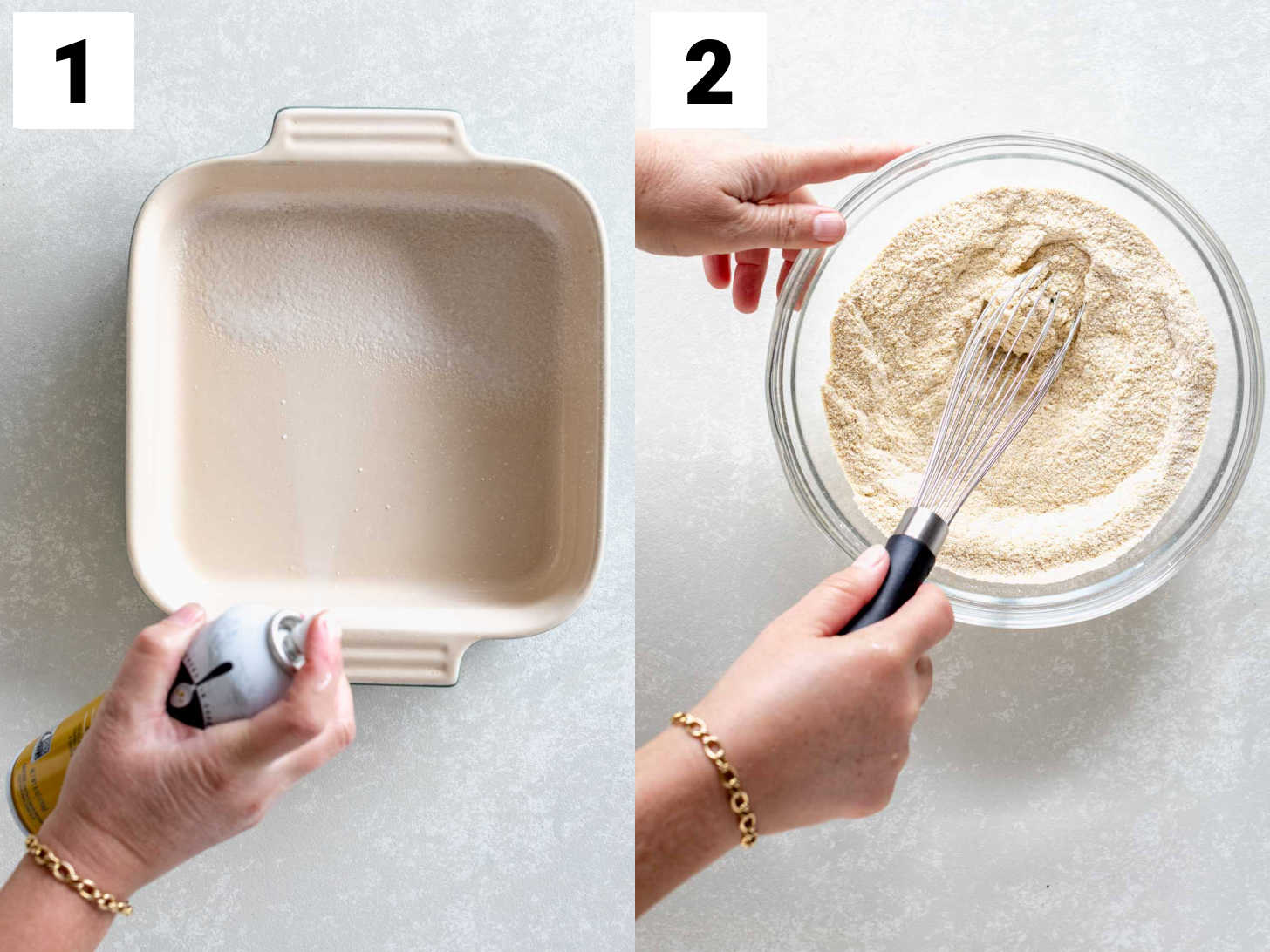 spray pan and mix dry ingredients
