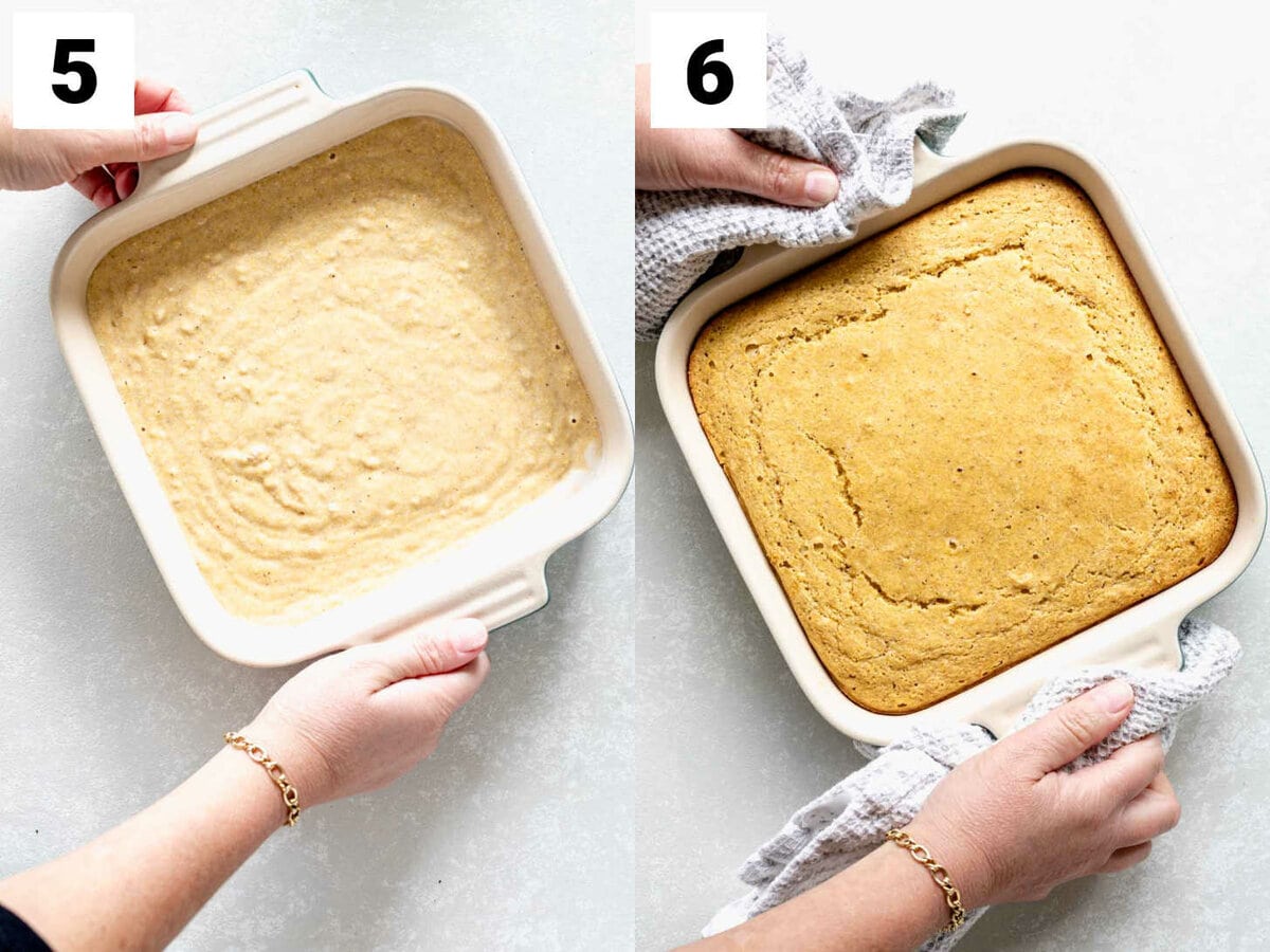 the cornbread before and after baking