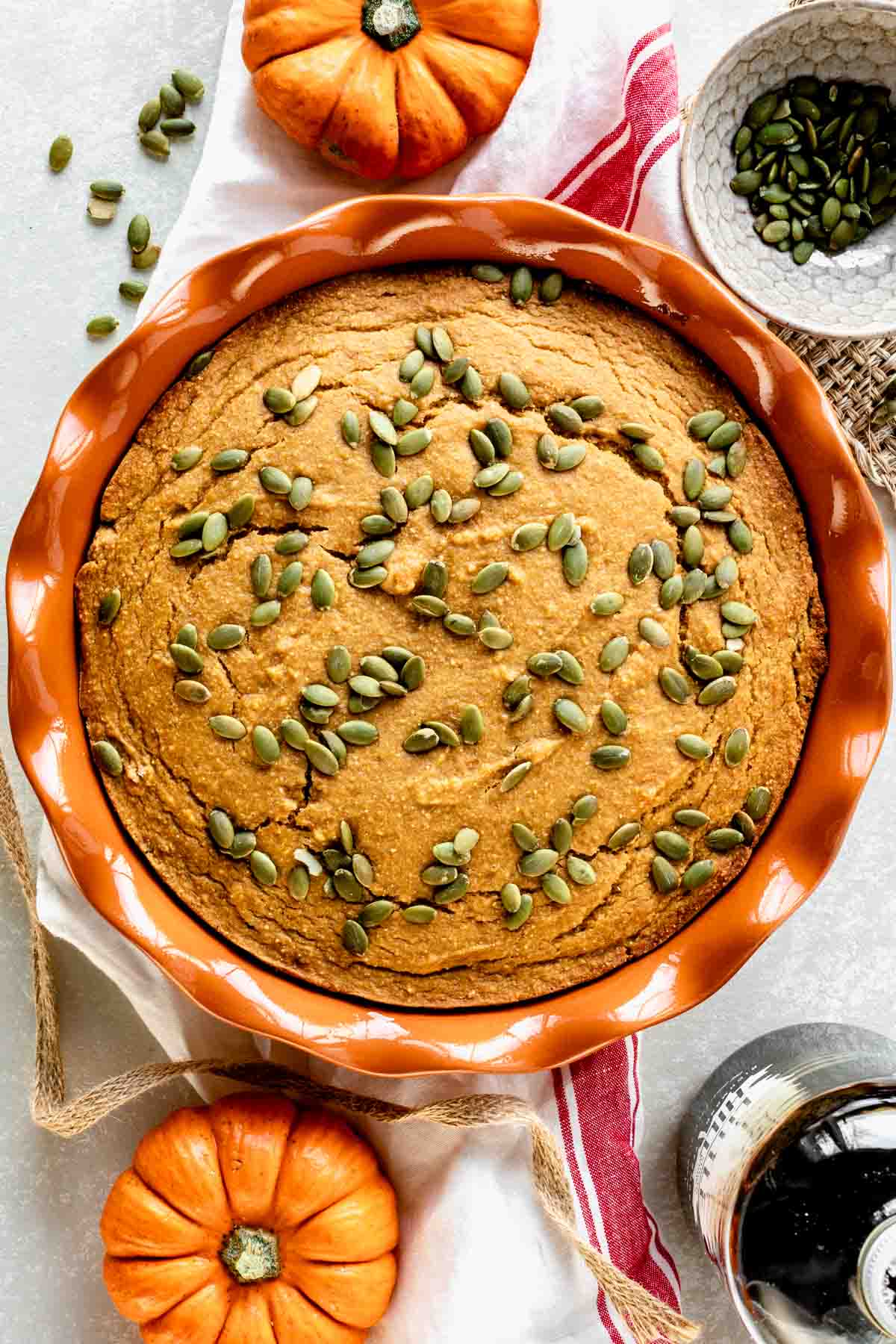 the baked cornbread with pepitas on top
