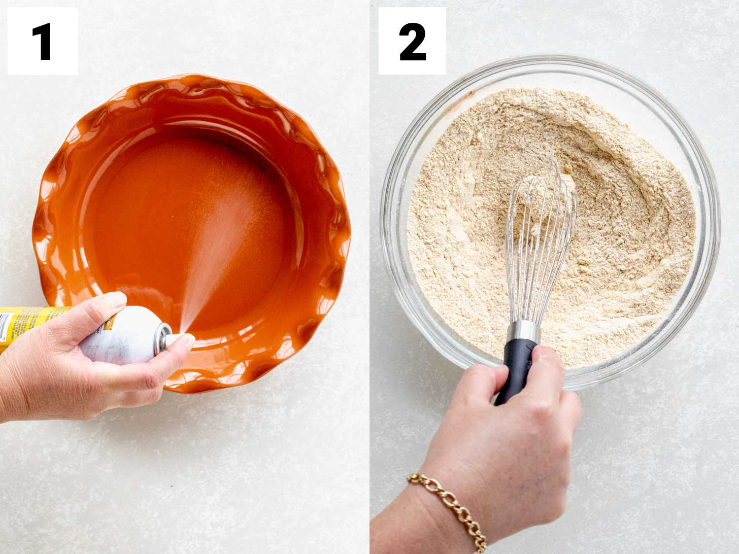 coating the pie pan with cooking spray and whisking the dry ingredients