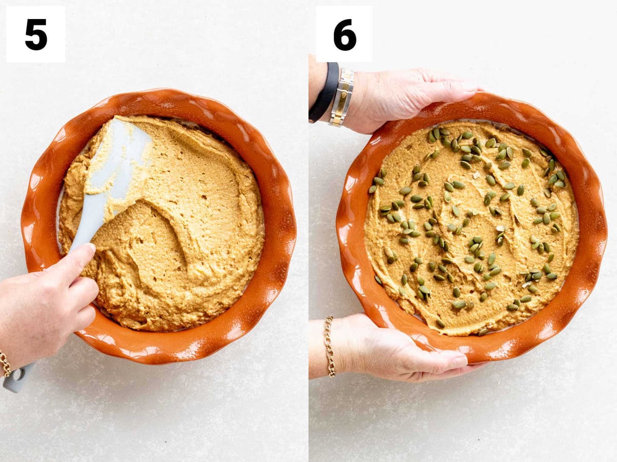 spread the batter in the prepared pan and then sprinkle with pepitas
