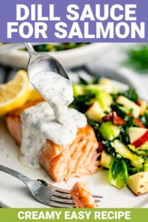 salmon with dll sauce on top with text overlay