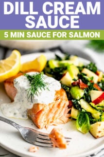 salmon with dll sauce on top with text overlay