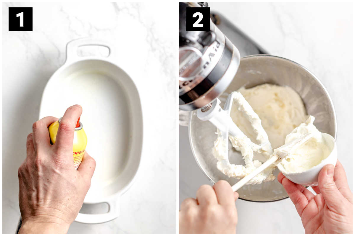 prepping the casserole dish, beating the greek yogurt into the cream cheese