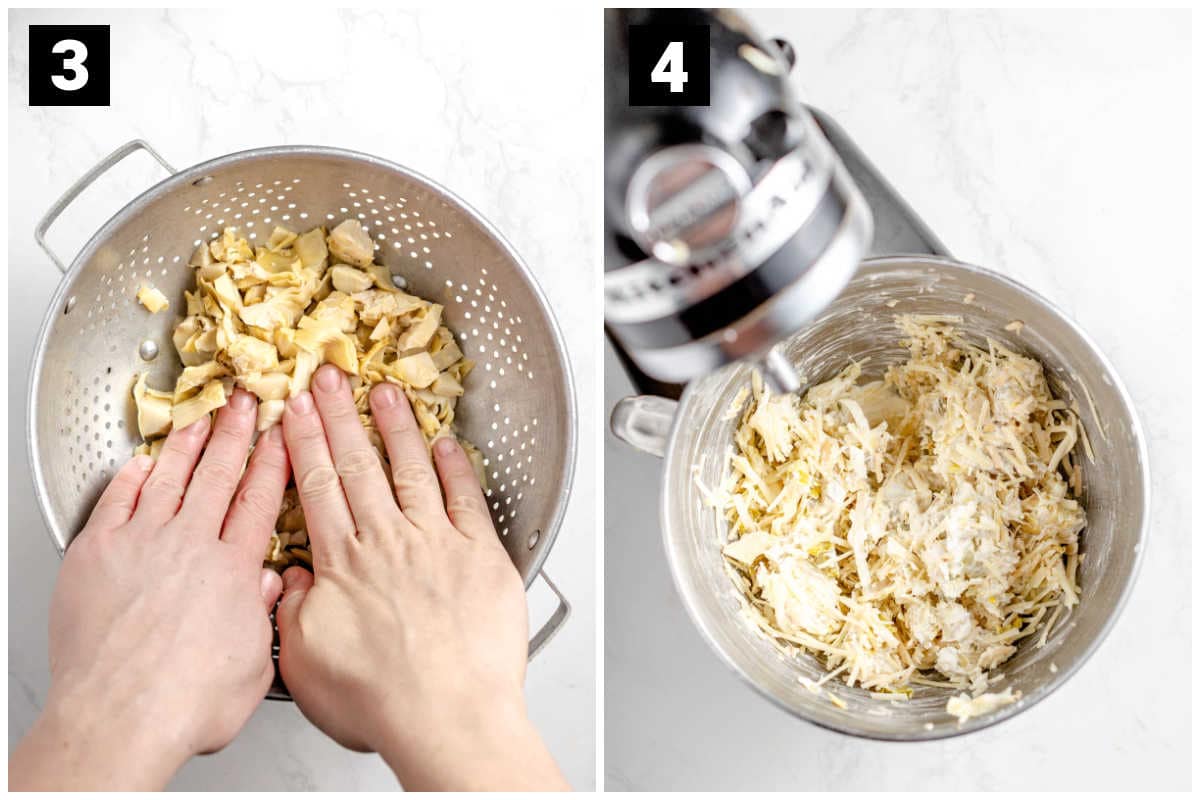 drain the artichoke hearts, beat the cheese, peppers and artichokes into the cream cheese