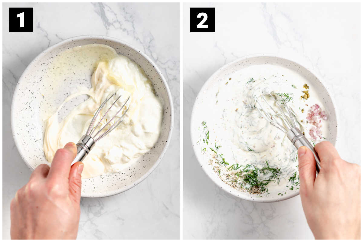 stir mayonnaise, lemon and greek yogurt first then add in the chunkier ingredients
