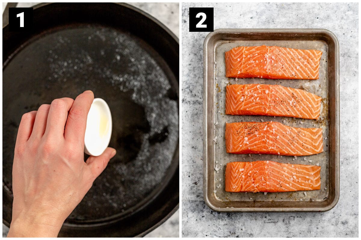 heating the oil in the pan and seasoning the salmon