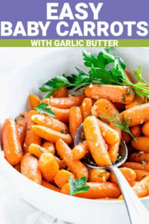 baby carrots in a white bowl with text overlay