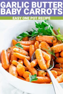 baby carrots in a white bowl with text overlay