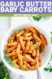 baby carrots in a white bowl with text overlay