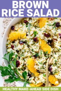 brown rice salad with orange and cranberries with text overlay
