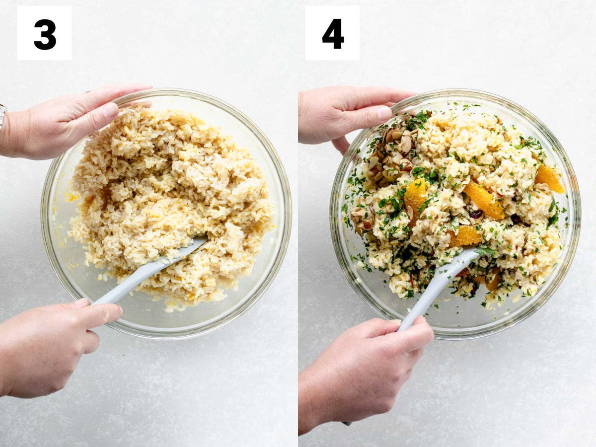 mix the dressing and rice, and then add the toppings