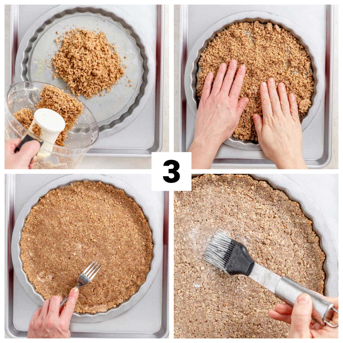 forming the tart shell, doking before baking it and then brushing it with flour to fill any cracks and the docking holes.