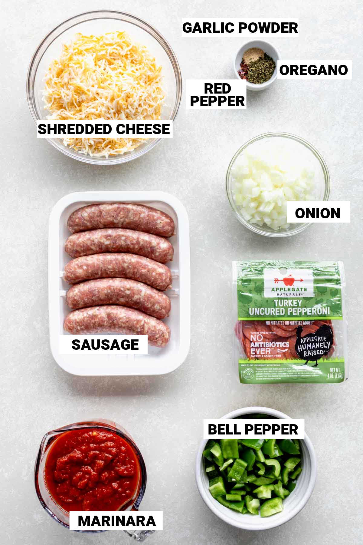 the ingredients on a white table with text overlays labeling each one