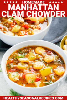 manhattan clam chowder in bowls with text overlay