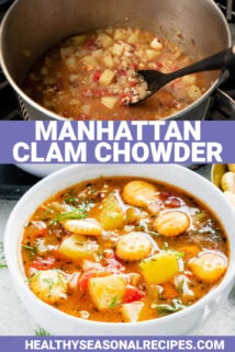 manhattan clam chowder being cooked in a pot above the finished product in a bowl